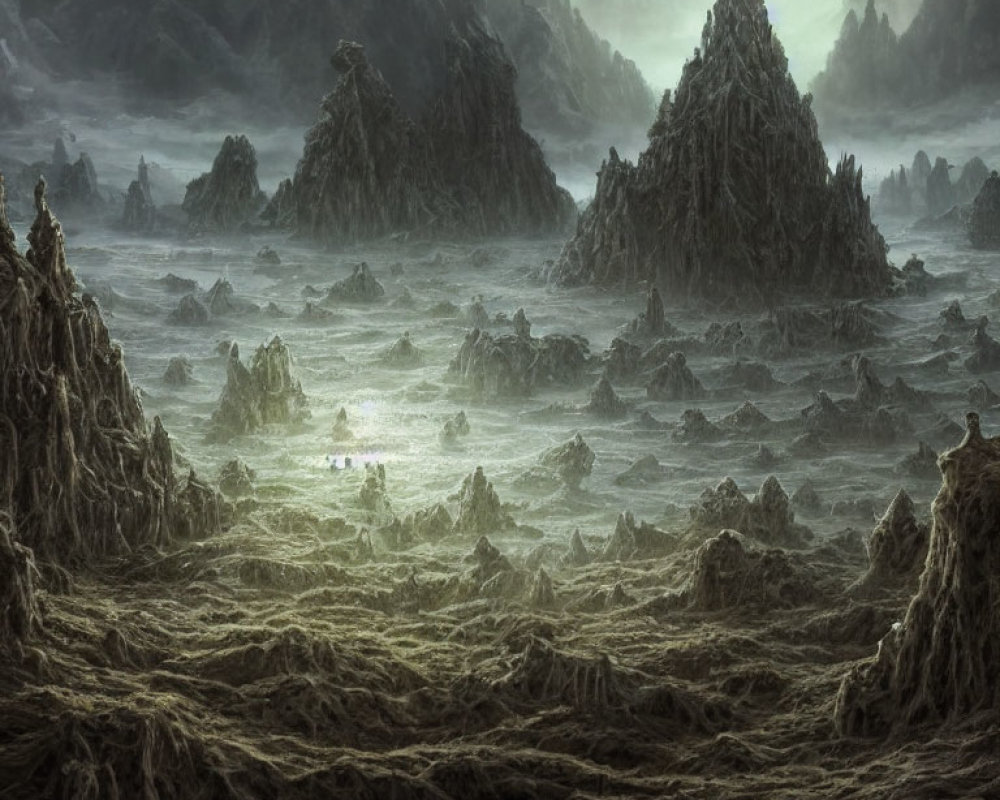 Mysterious mist-covered mountains in desolate landscape