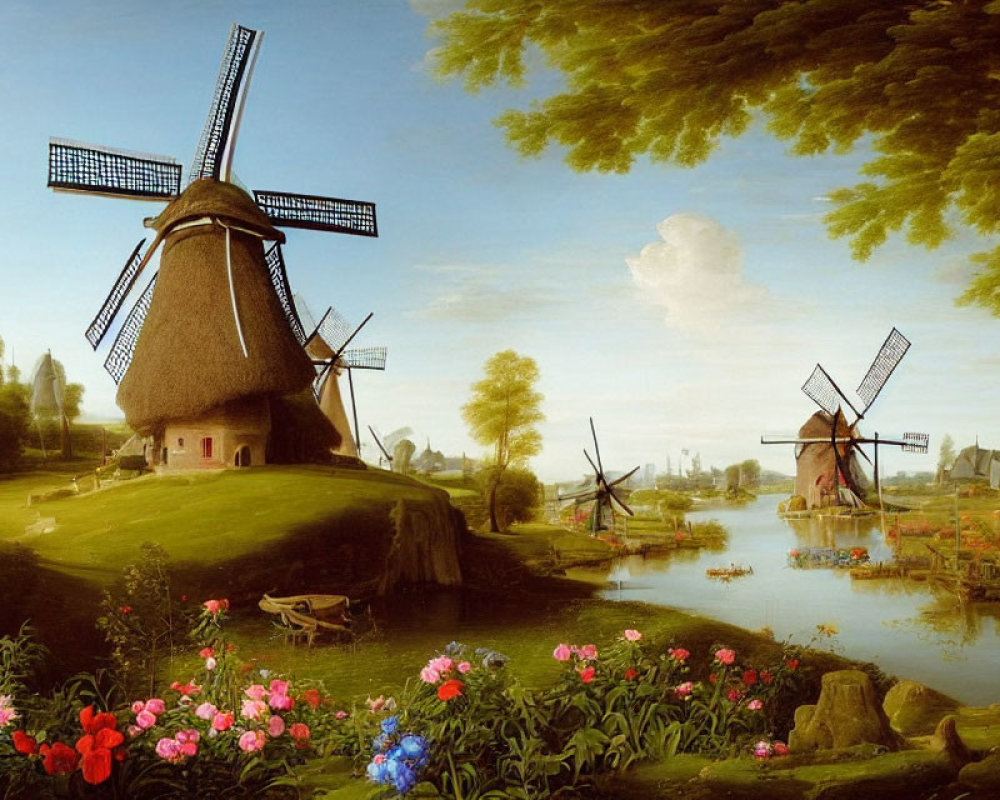 Tranquil pastoral landscape with windmills, river, greenery, and flowers