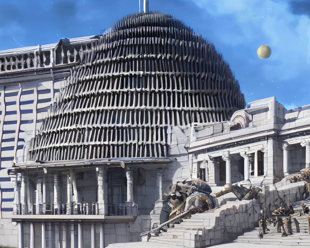 Futuristic cityscape with classical architecture, domed buildings, and aliens under a sky with multiple