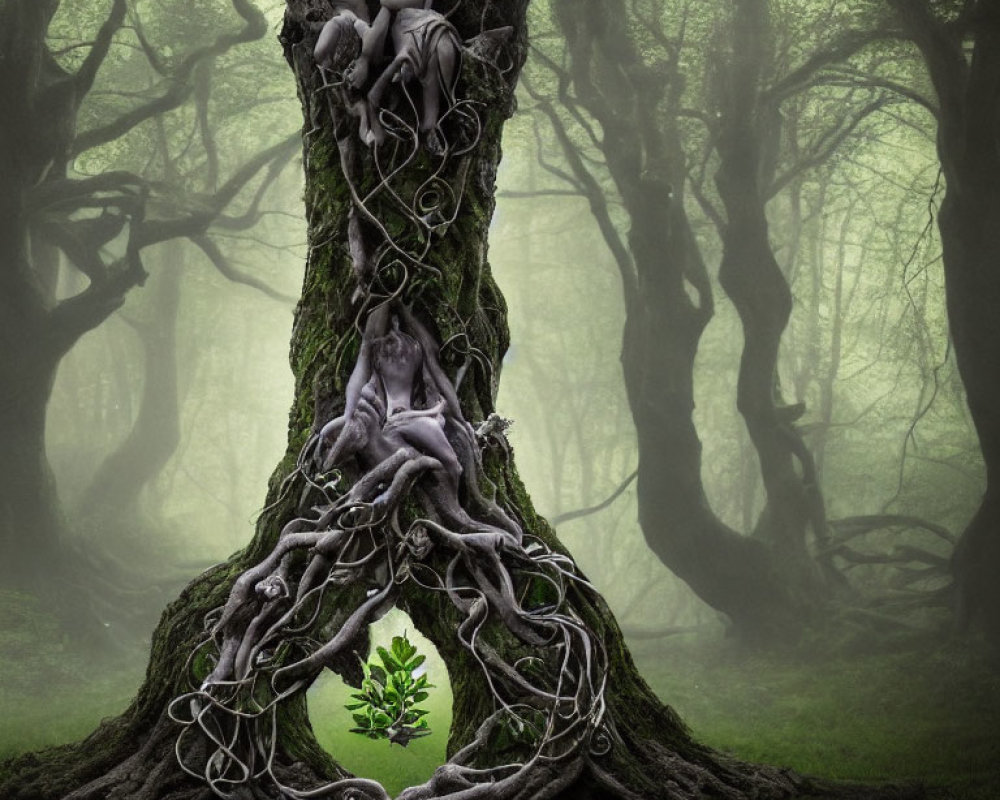 Mystical image of large tree with human-like figures and green sapling in foggy forest