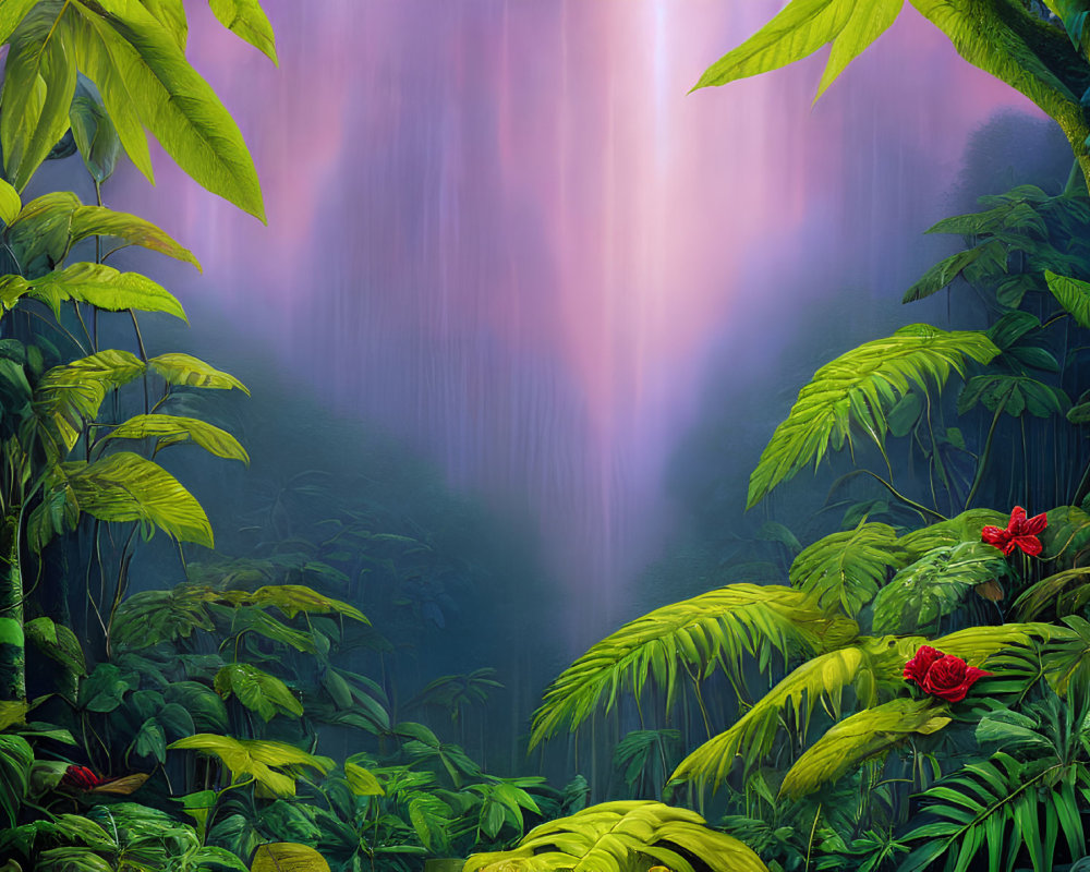 Vibrant green foliage and red flowers in lush tropical forest with mystical waterfall