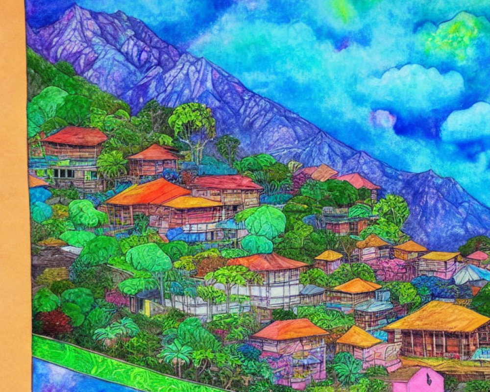 Colorful Mountain Landscape with Traditional Houses and Blue Sky