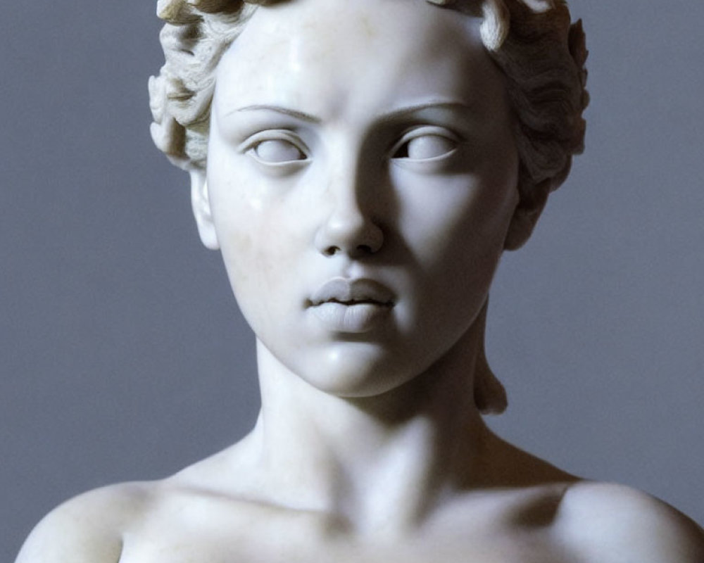 Marble sculpture of a contemplative woman with wavy hair