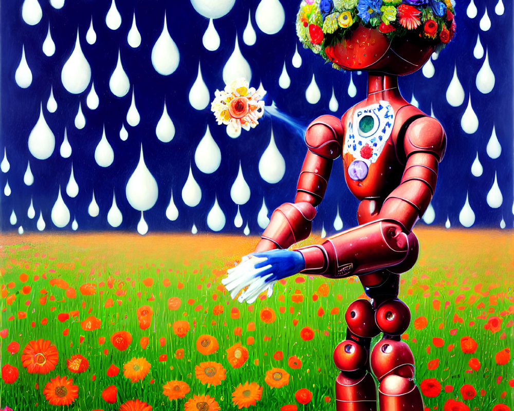 Colorful Robot with Floral Head in Field of Red Flowers under Blue Sky