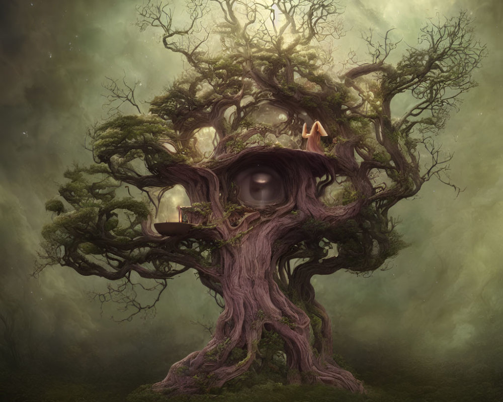 Mystical giant tree with cozy nook, candle, book, and orb in misty surroundings