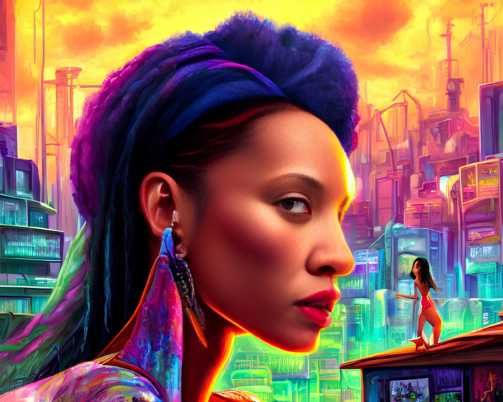 Vibrant blue-haired woman in futuristic cityscape artwork