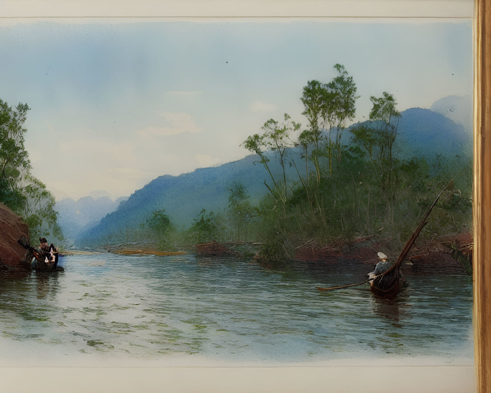 Tranquil river scene with boats, lush green landscapes, and mountains