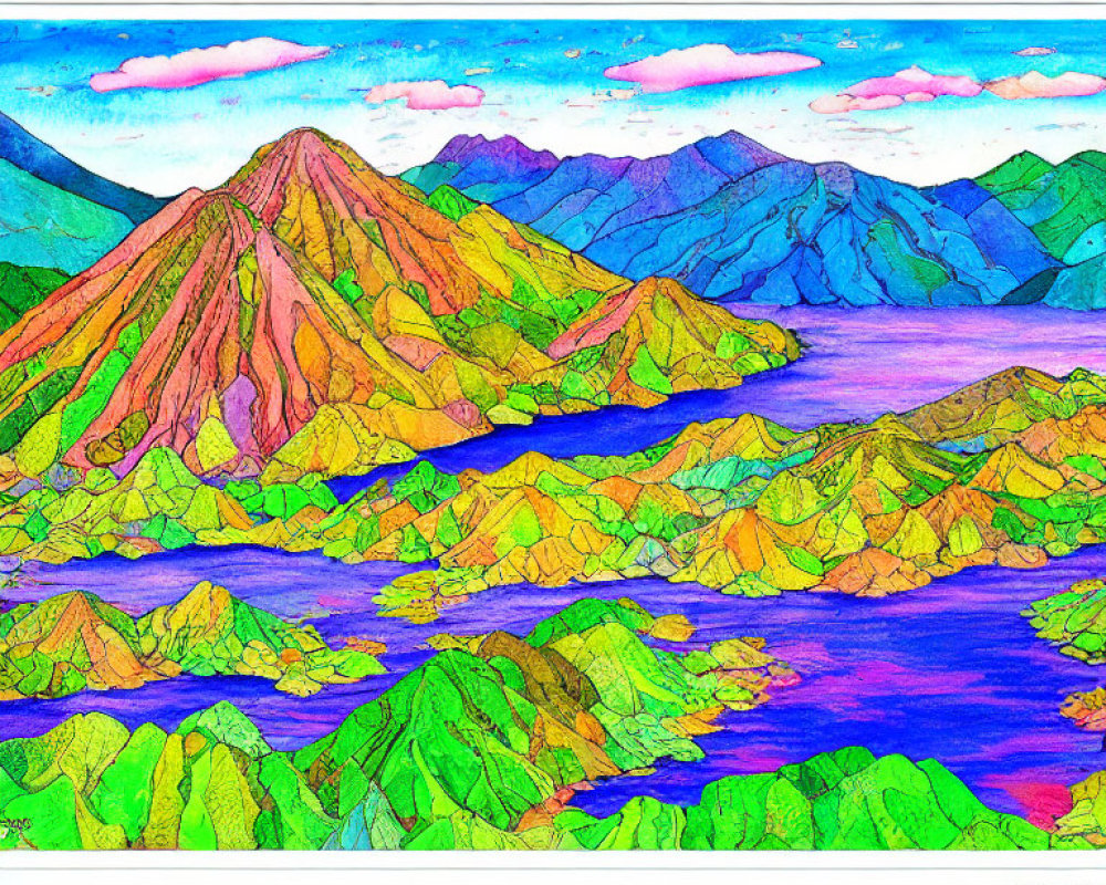 Colorful Mountain Landscape with River and Pink Clouds