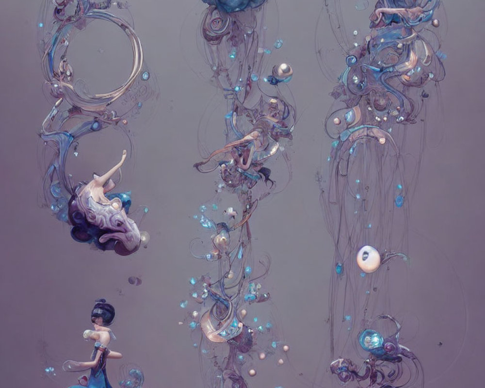 Blue and Purple Swirling Forms with Bubbles and Tendrils