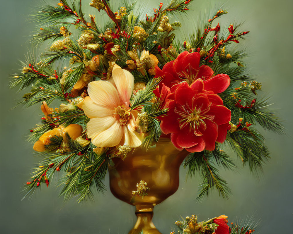 Red Floral Arrangement with Pine and Gold Accents in Ornate Vase