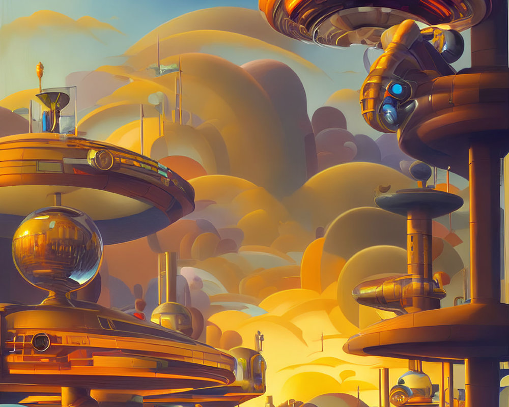 Futuristic cityscape with towering structures and golden sky