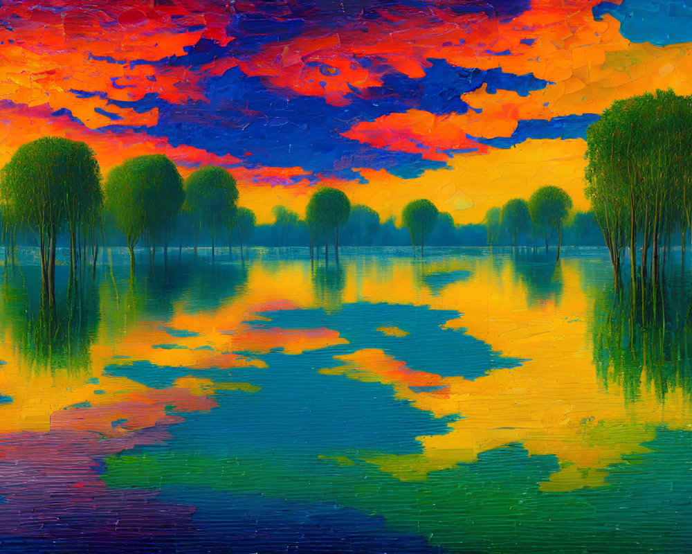 Colorful painting of tall trees reflecting on water under fiery sky