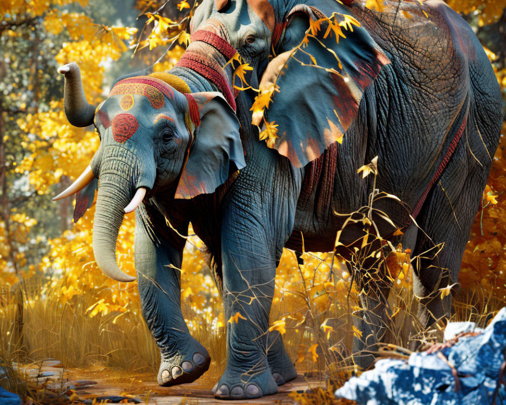 Colorfully painted elephant in golden autumn forest with falling leaves