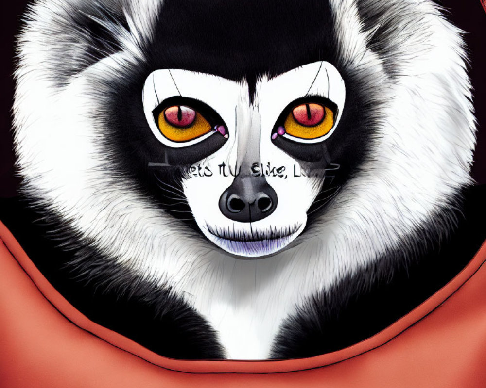 Stylized lemur with vibrant yellow eyes and red frame