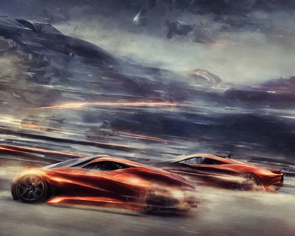 Futuristic red sports cars racing on dystopian planet amid meteor showers