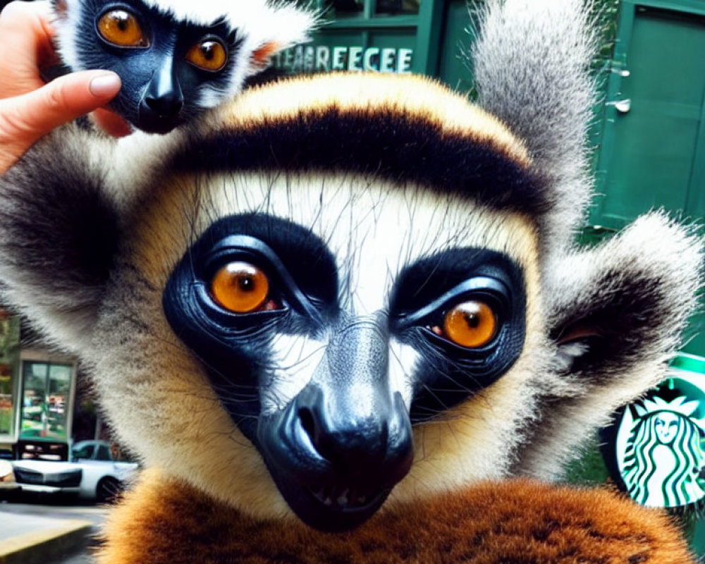 Person holding lemur outside Starbucks, lemur curious.