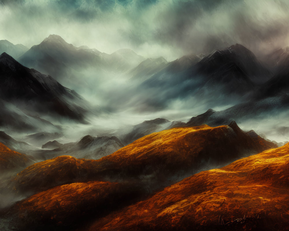 Sunlit Golden Hills and Misty Mountain Ranges Under Brooding Sky