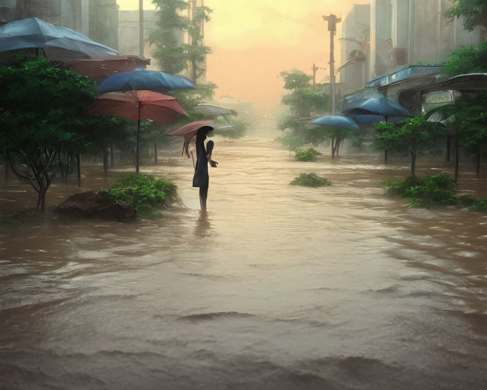 Person with umbrella in flooded city street at sunset surrounded by abandoned cars.