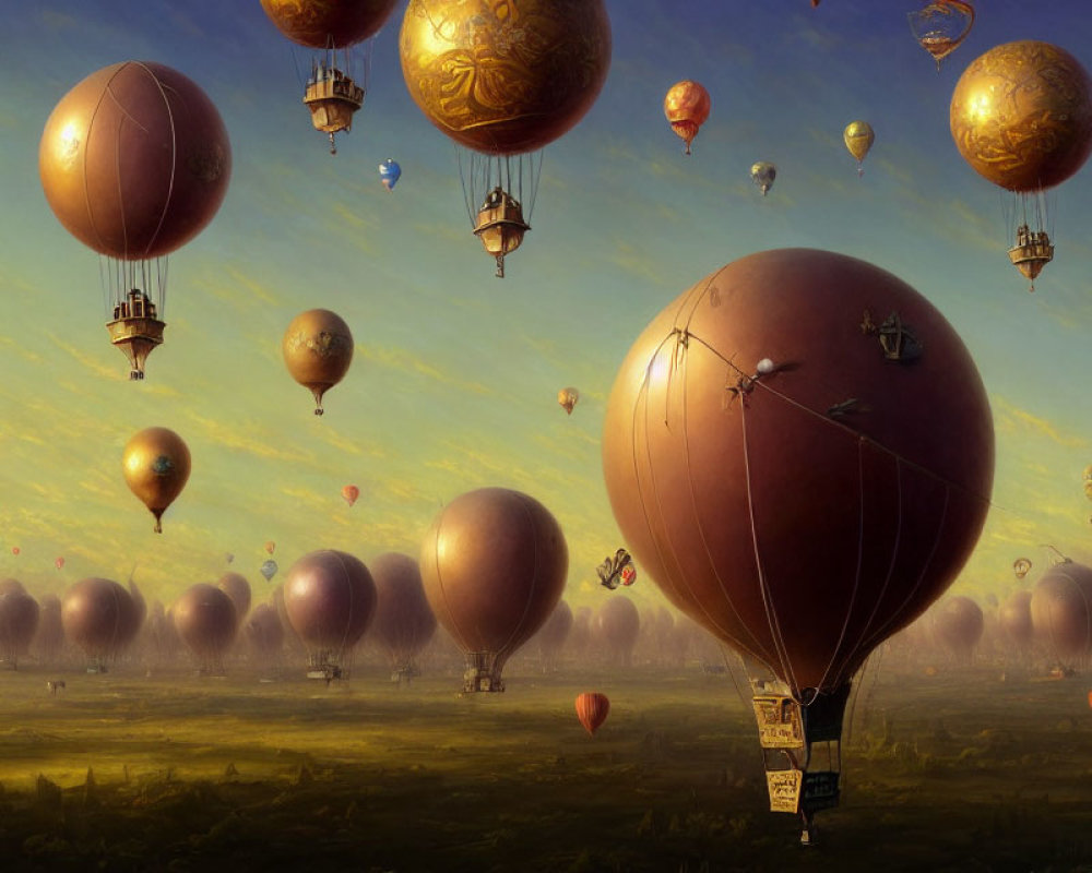 Multiple hot air balloons in golden sunset sky.