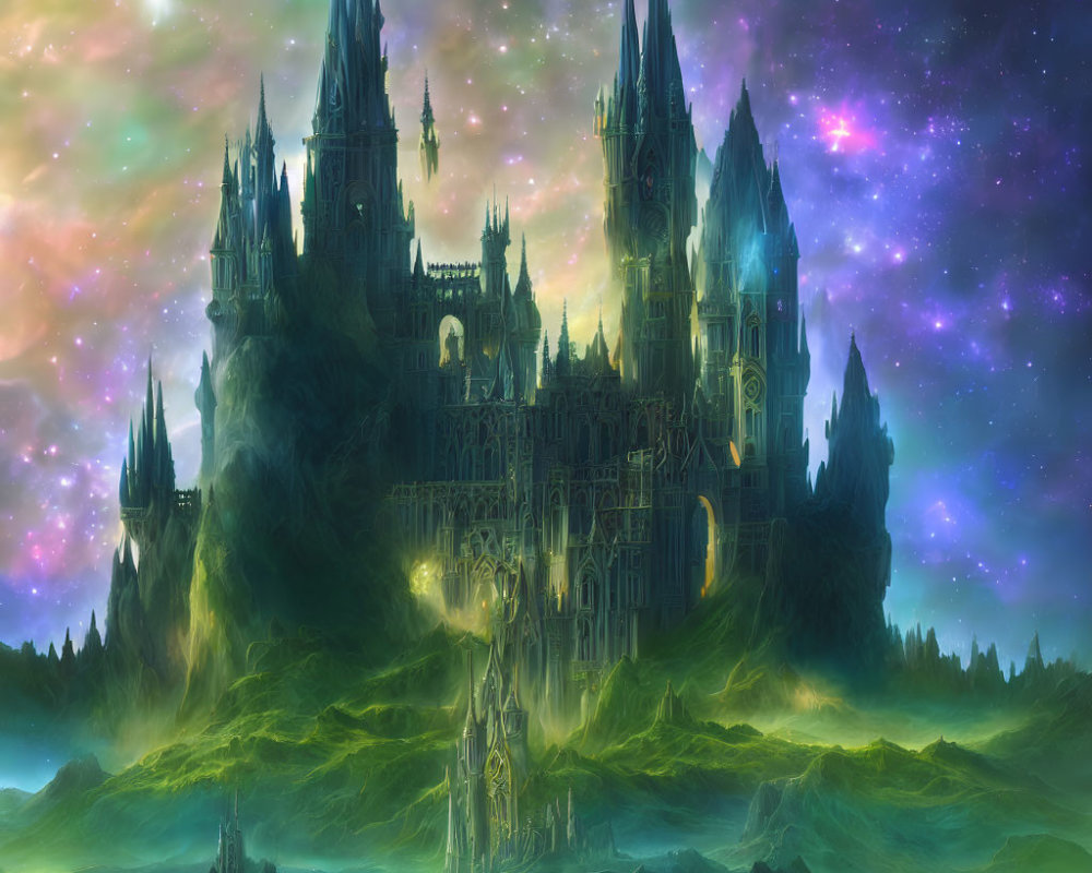 Gothic castle in mystical landscape with starry sky and lush hill