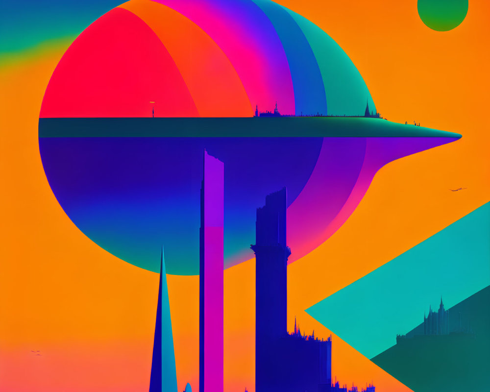 Colorful futuristic architecture digital artwork with rainbow hues and stark pillars against surreal skyline on orange-blue gradient.