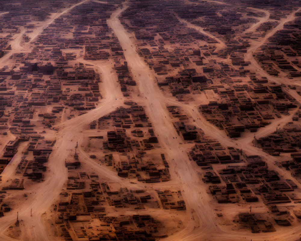 Desert town with dusty roads and clustered buildings under hazy sky