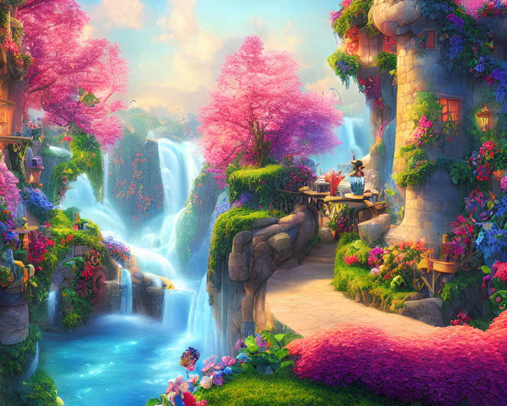 Colorful Fantasy Landscape with Pink Trees, Waterfall, and River