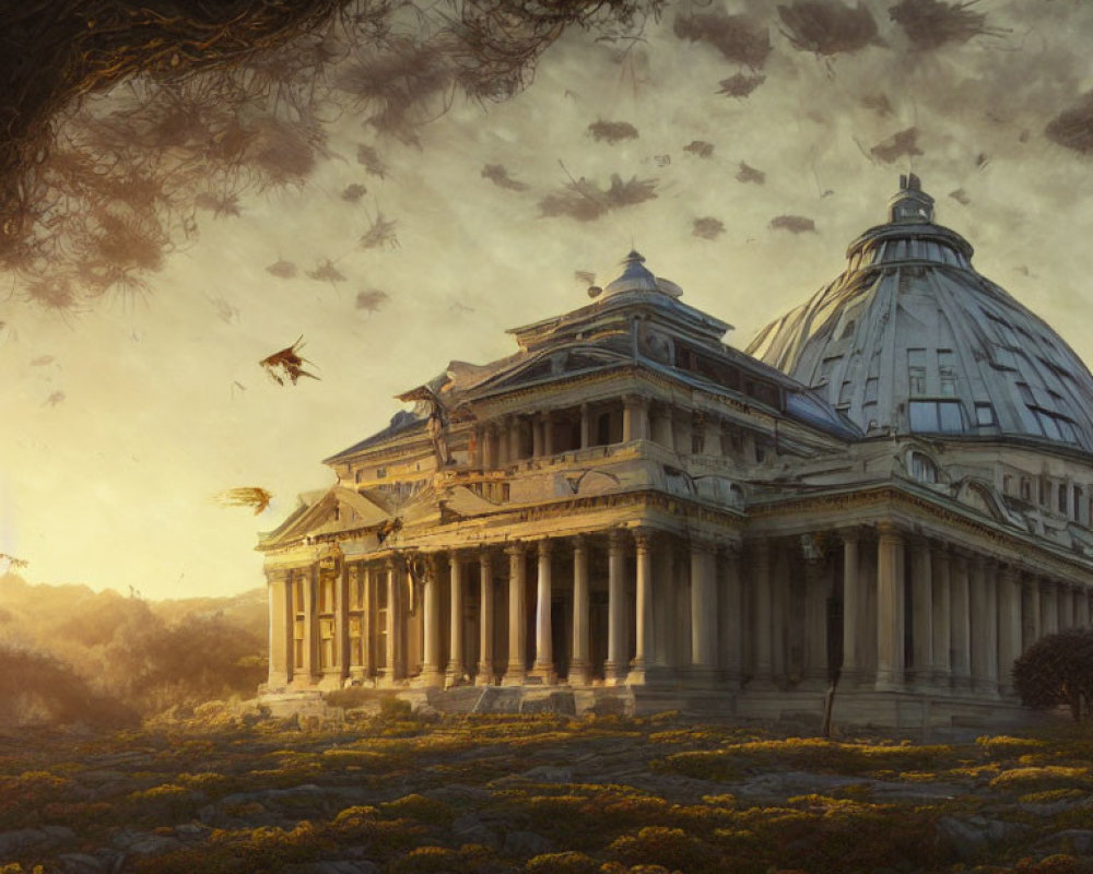 Neoclassical Building Dome in Flowering Landscape with Flying Creatures