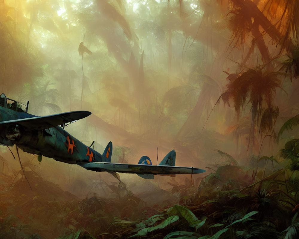 Vintage military airplane crash-landing in misty jungle with sunlight filtering.