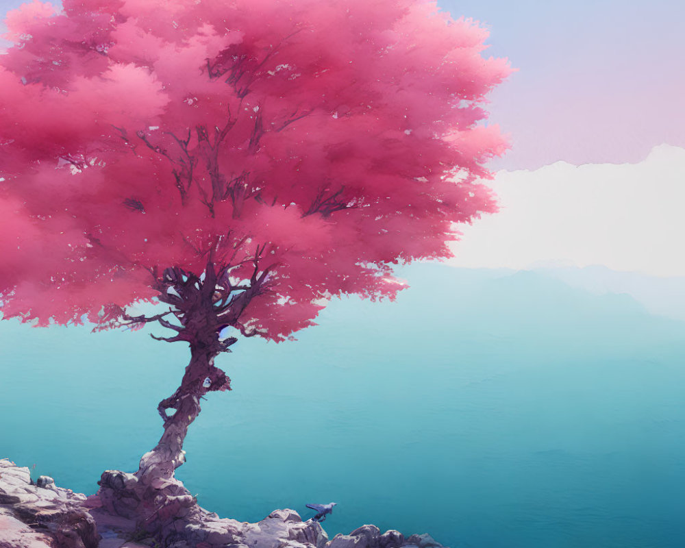 Pink tree on cliff overlooking serene sea with birds - picturesque scene