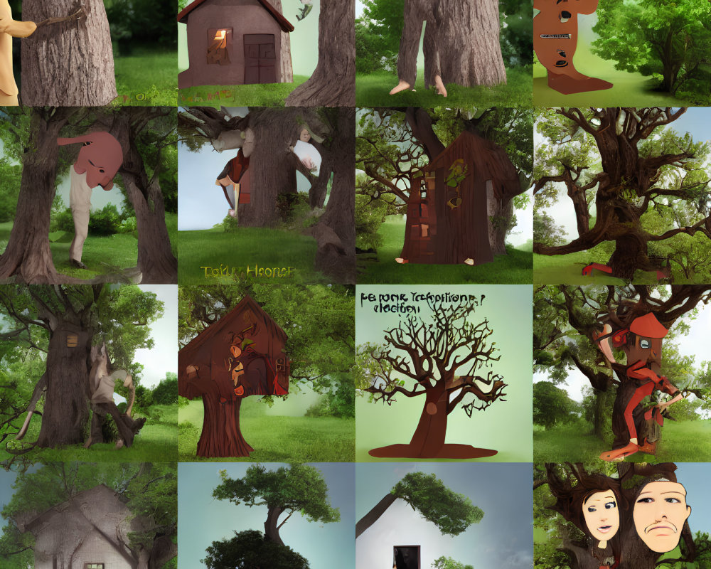 Whimsical illustrated scenes of treehouses and characters in a collage