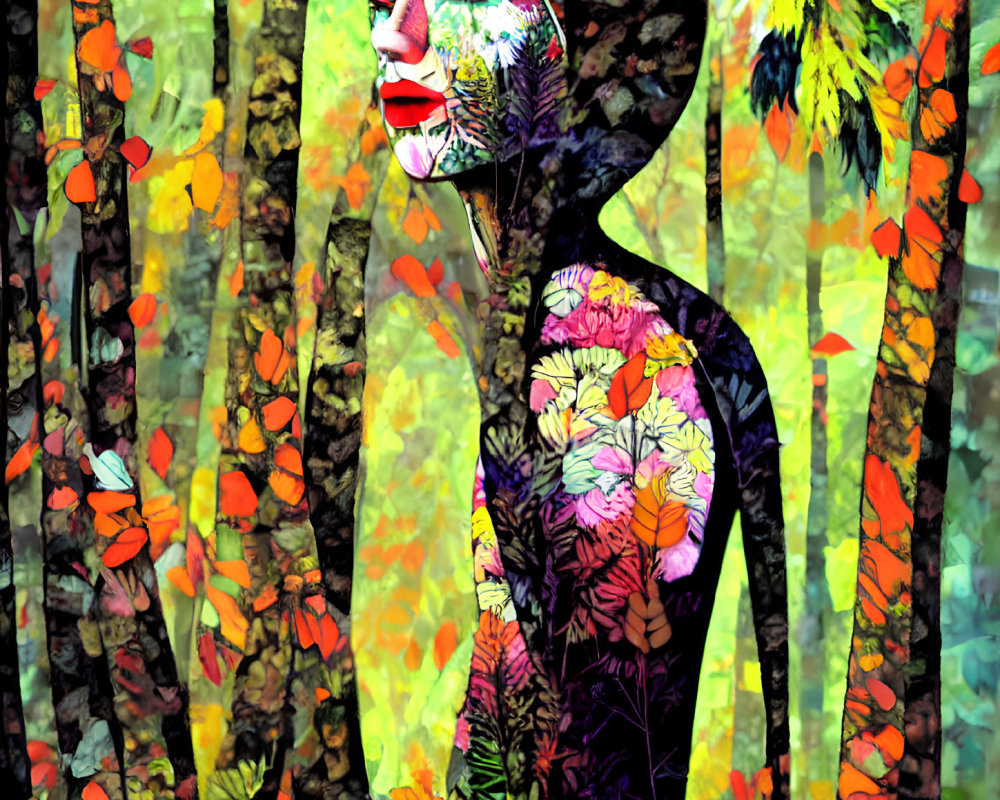 Digital Art: Person with Floral Body Paint in Autumn Forest