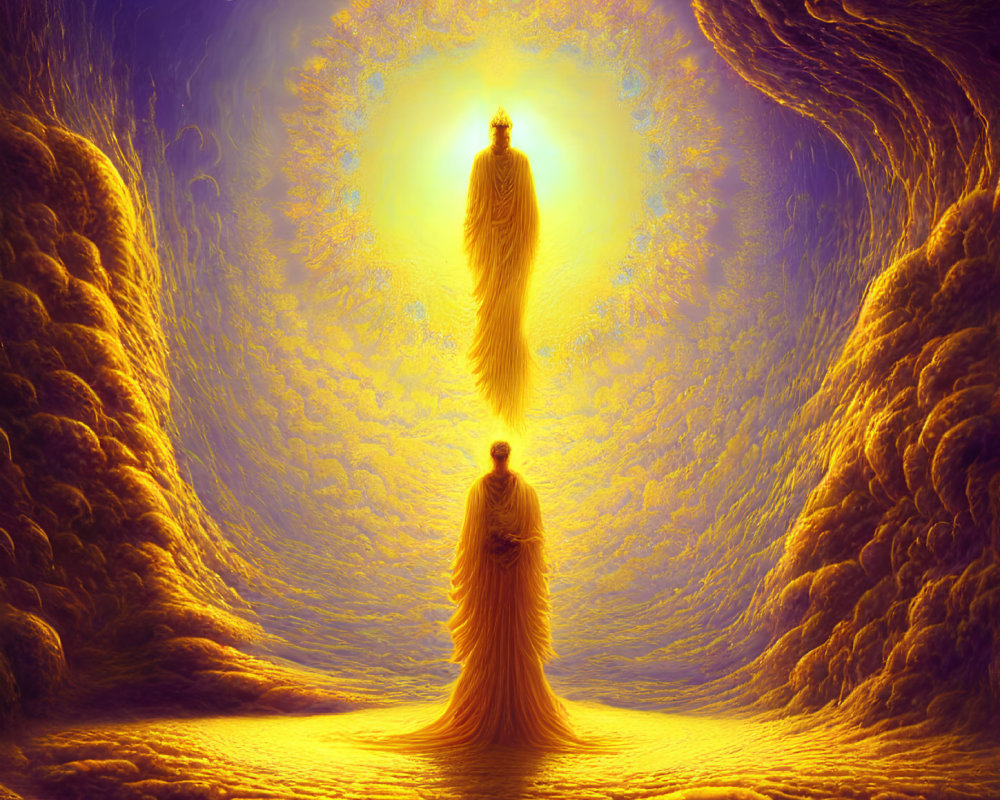 Ethereal figures in golden robes in glowing landscape