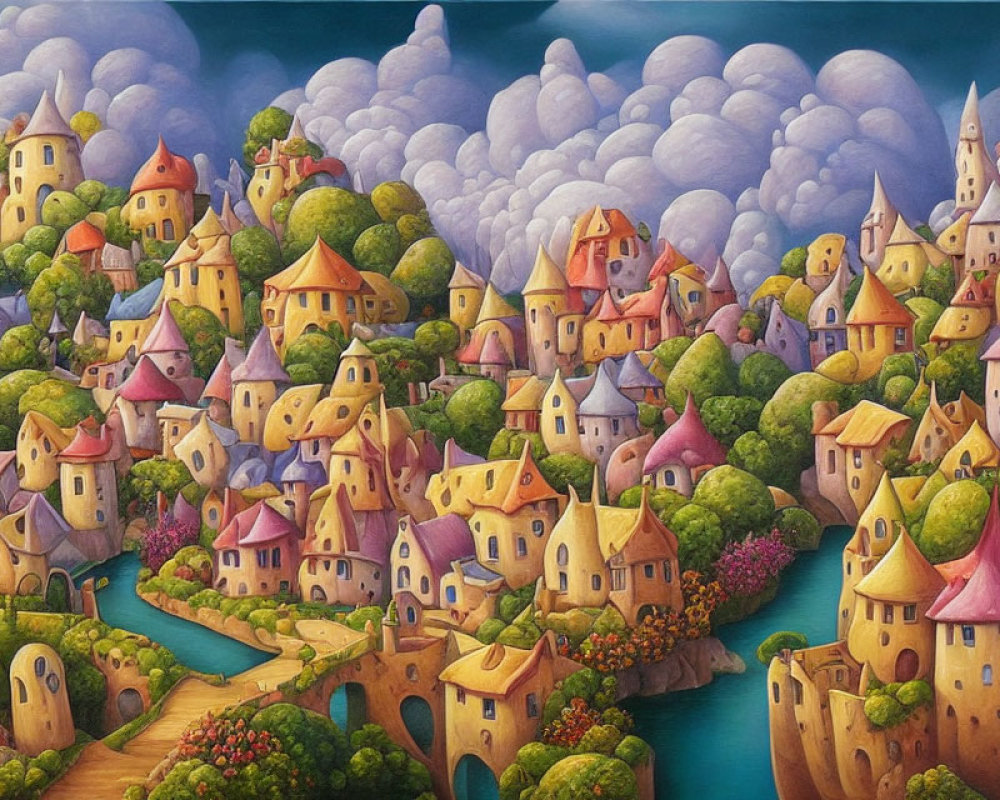 Colorful fairy-tale village painting with vibrant houses, trees, river, and cloudy sky