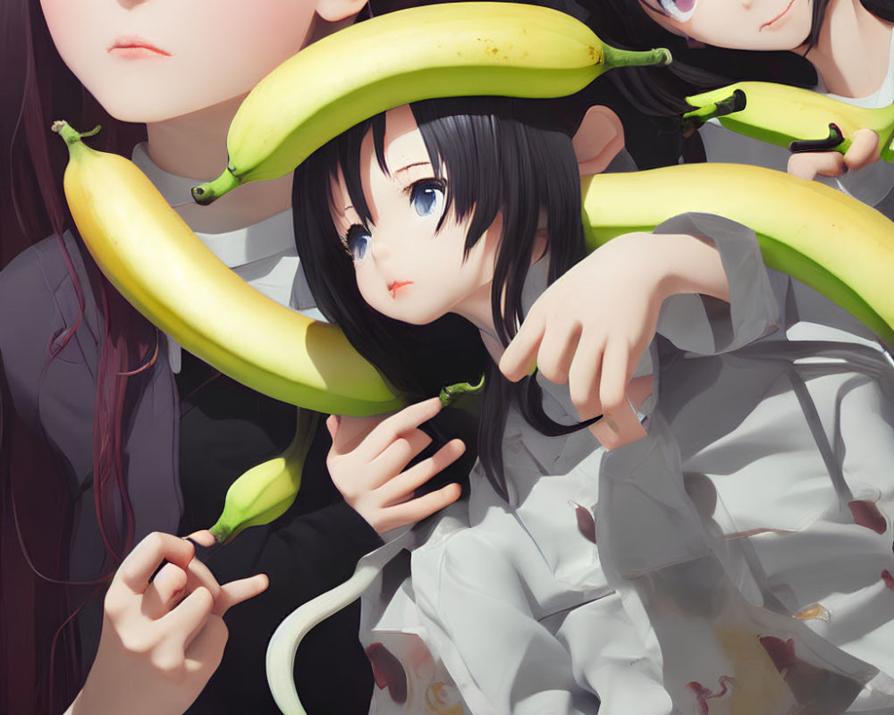 Anime-style girls with large eyes surrounded by floating bananas, one holding a banana near her ear.