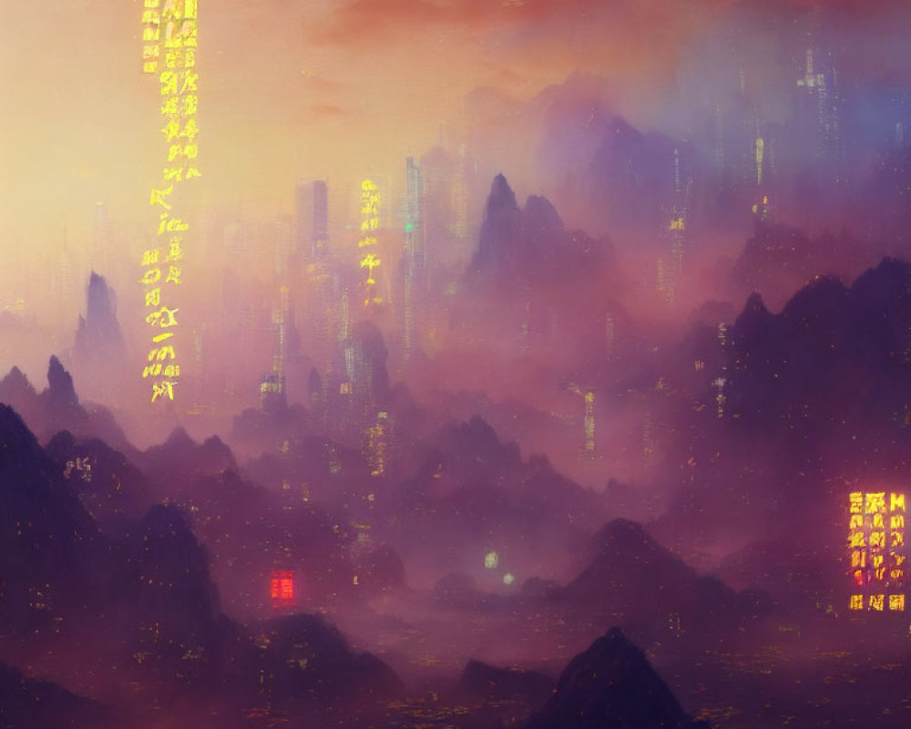 Futuristic cityscape with neon signs at dusk in misty mountains