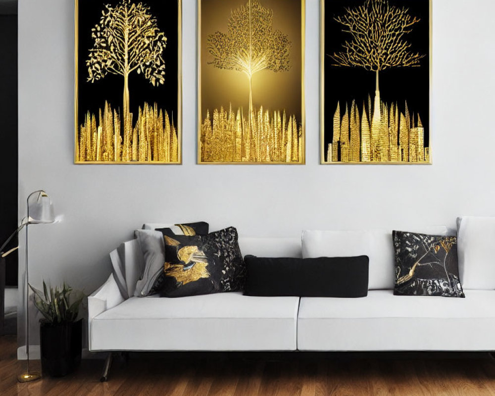 Contemporary Living Room with White Couch and Golden Tree Triptych