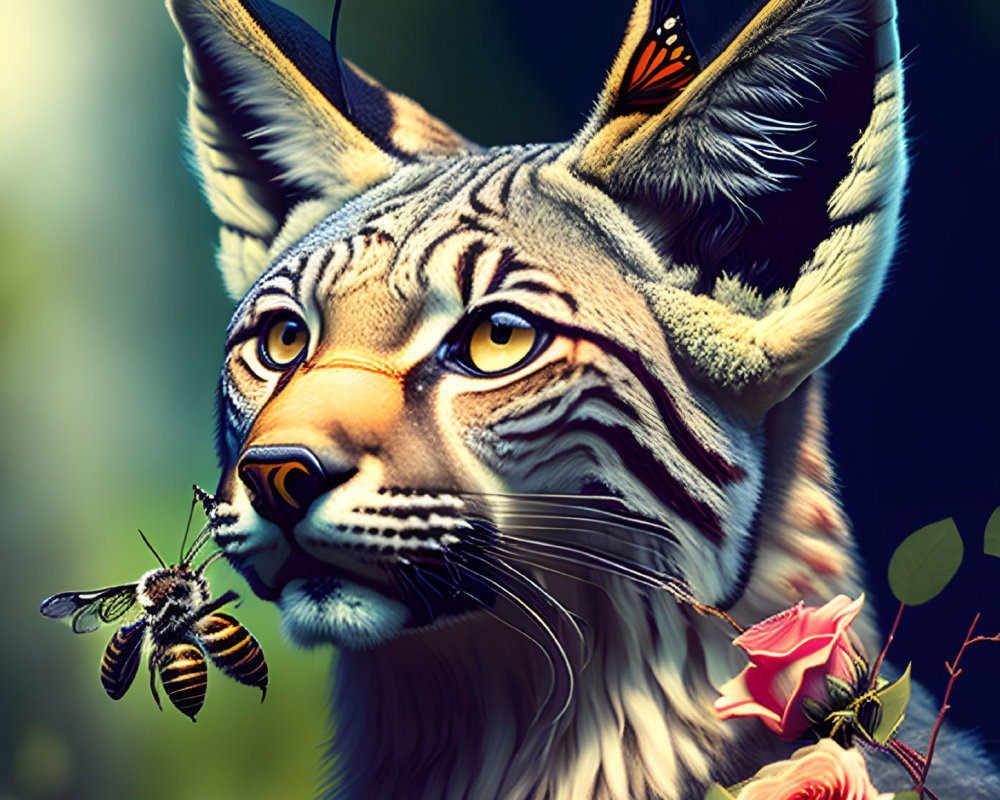 Digital illustration: Lynx head with butterfly antennae, bees, roses, and lush foliage.