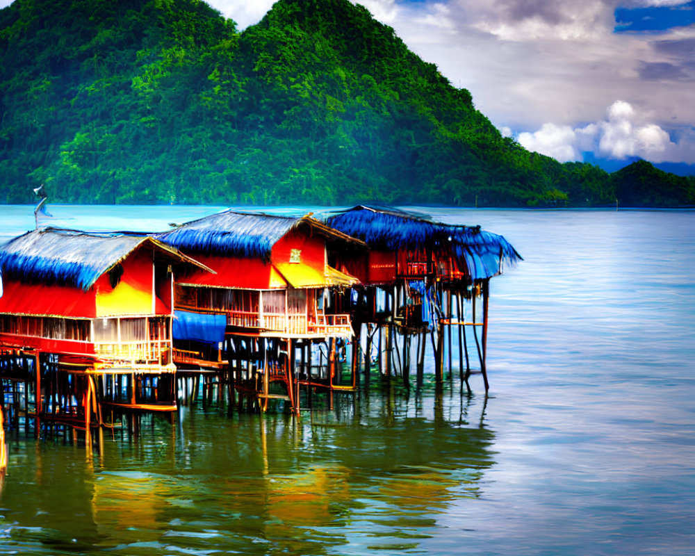 Vibrant stilt houses by lush green mountains under clear blue sky