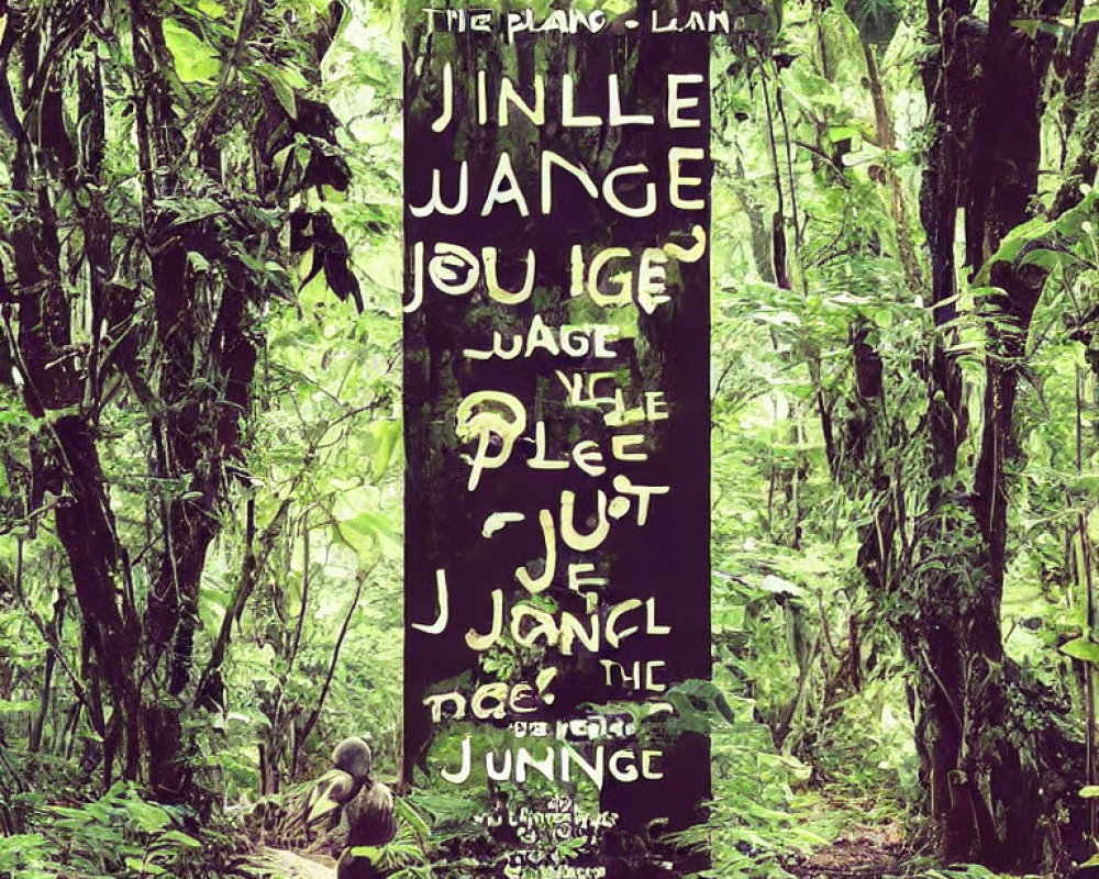 Forest scene with vertical sign in green foliage and person sitting nearby