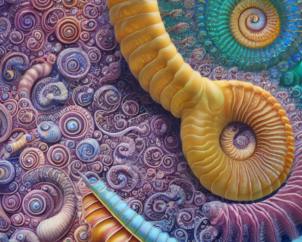 Colorful Fractal Image with Spiral Patterns & Marine Shell Shapes