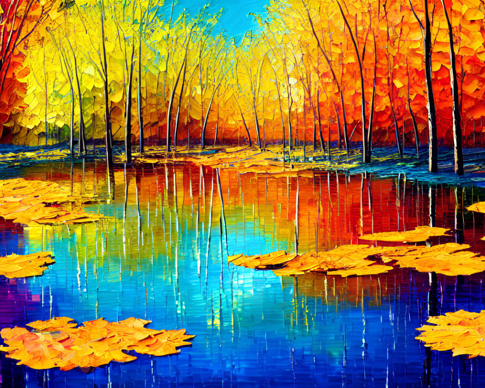 Vibrant autumn forest painting with fiery leaves and serene blue water; impressionist style.