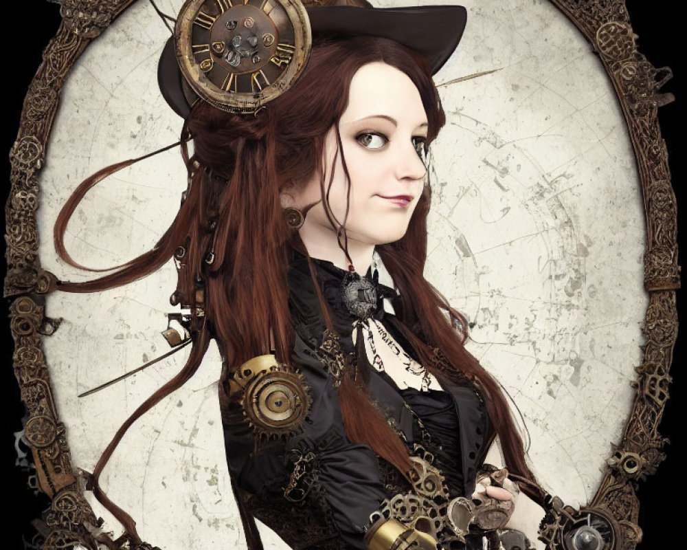 Steampunk-themed portrait with woman in tricorn hat and gears