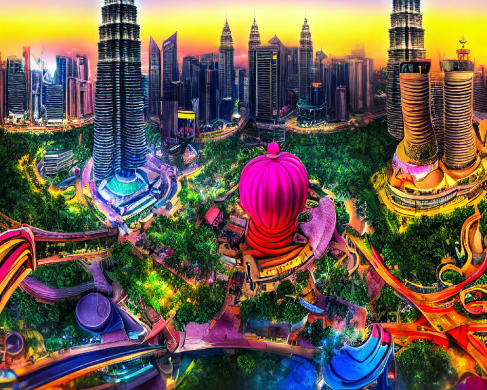 Panoramic cityscape at sunset with skyscrapers and colorful caricature