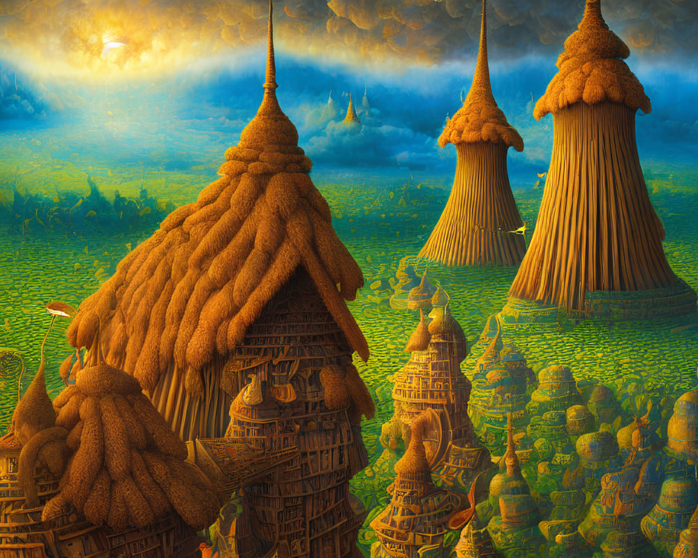 Fantastical landscape with towering beehive-like structures under orange-hued sky