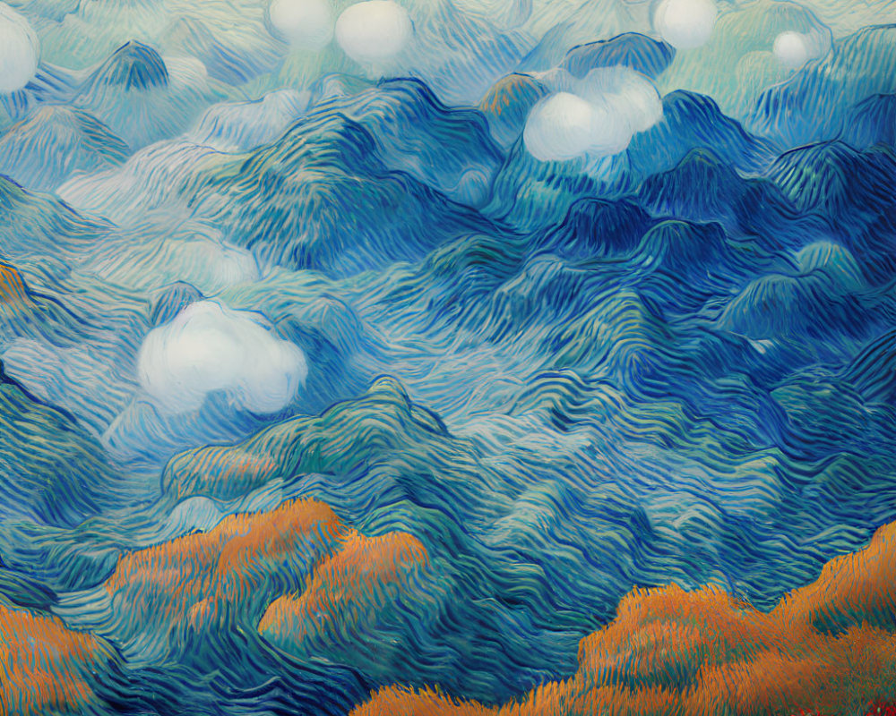 Stylized painting of blue hills, white clouds, and colorful foliage in swirling texture