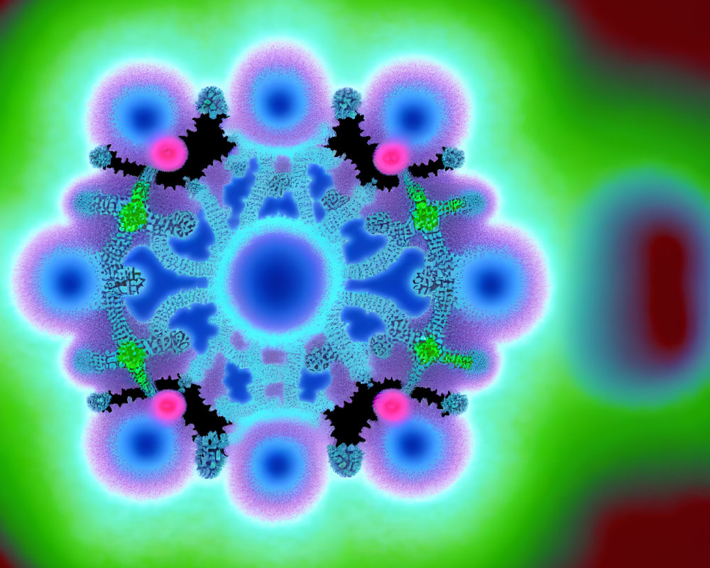 Vibrant fractal art with symmetrical blue, pink, and green patterns