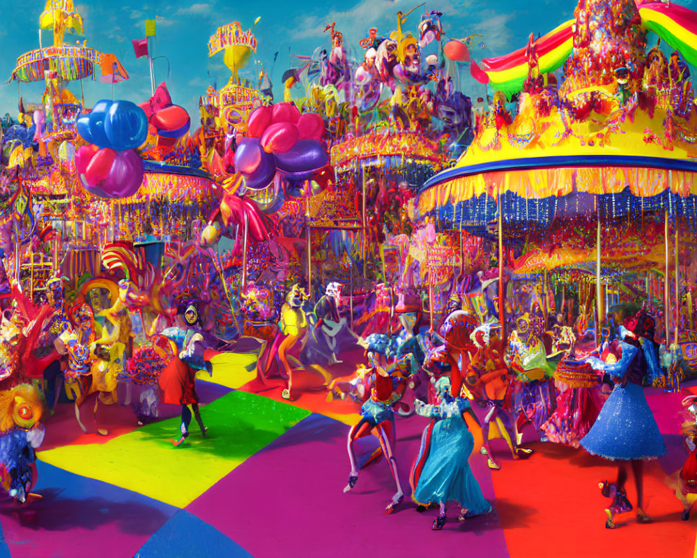 Colorful Carnival Scene with Floats, Dancers, and Carousel