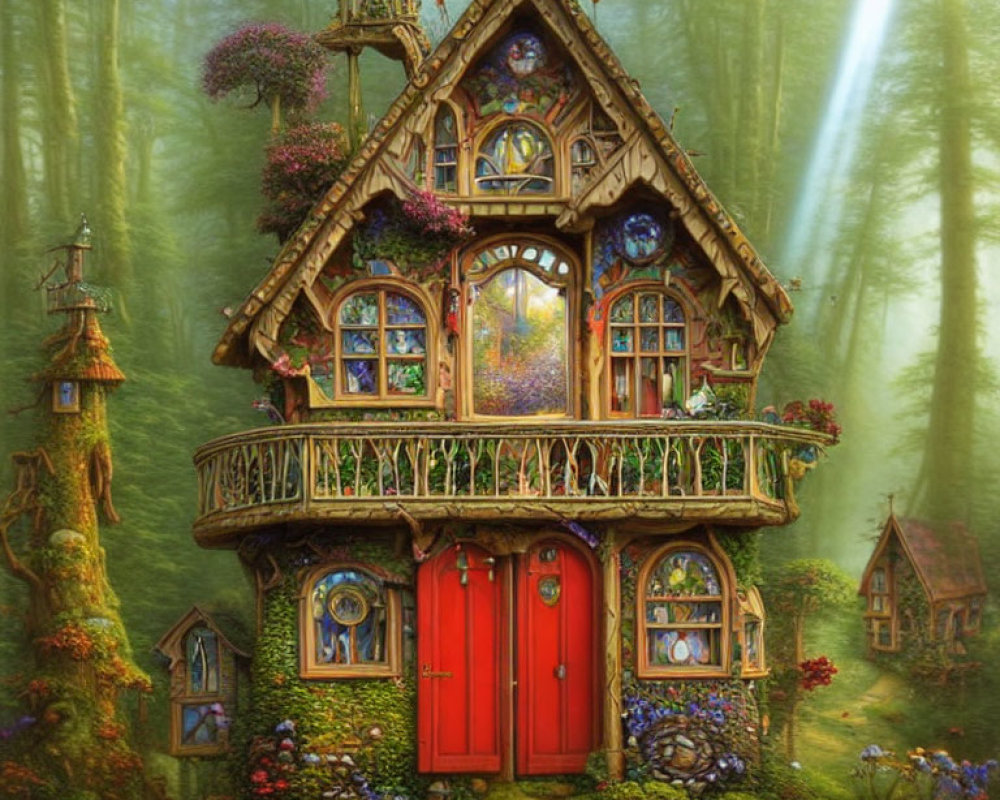 Fairytale cottage in mystical forest with vibrant flowers