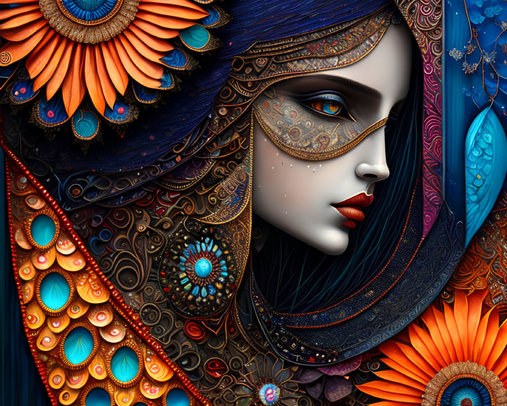 Colorful artwork featuring woman with mask and floral motifs